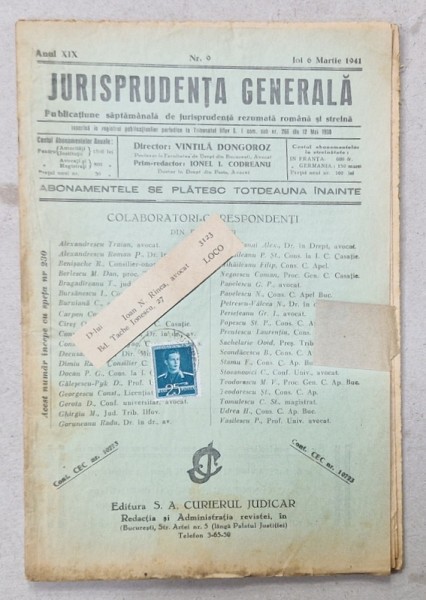 JURISPRUDENTA GENERALA , PUBLICATIUNE SAPTAMANALA DE JURISPRUDENTA REZUMATA ROMANA SI STREINA , NR. 9 , 1941