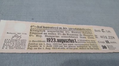 CUPOANE /BON DE TREZORERIE CU REDUCERE 1923 UNGARIA foto