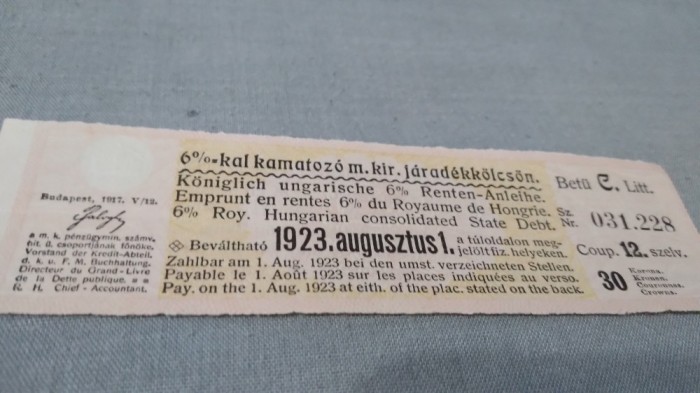 CUPOANE /BON DE TREZORERIE CU REDUCERE 1923 UNGARIA