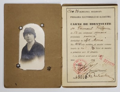 CARTE DE IDENTITATE , ELIBERATA DE PRIMARIA SECTORULUI III ALBASTRU , 16 . 09. 1933 foto