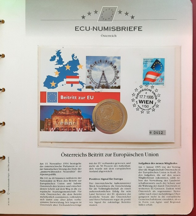 Ecu-Numisbrief, pagina numismatica filatelica, 1995, Austria - B 4372