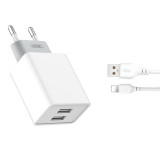 Incarcator Retea cu cablu Lightning XO Design L65, 2.4A, 2 X USB, Alb