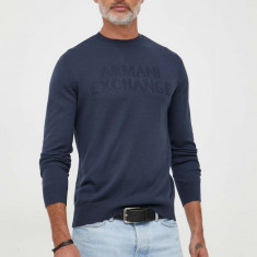 Armani Exchange pulover de lana barbati, culoarea albastru marin, light