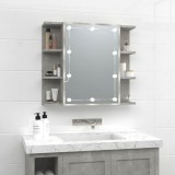 Dulap baie cu oglinda si LED Gossi, gri beton, 70x16.5x60 cm, lemn compozit, 6 compartimente, spatiu depozitare, design modern
