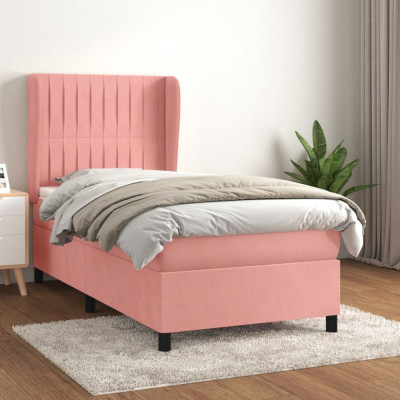 vidaXL Pat box spring cu saltea, roz, 90x200 cm, catifea foto