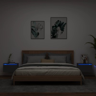 Noptiere montate pe perete cu lumini LED, 2 buc., negru foto