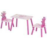 HOMCOM Set Masă și 2 Scaune cu Tematică de Prințese cu Spătare &icirc;n Formă de Coroană, 55x34x42 cm, Roz | Aosom Romania