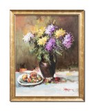 Cumpara ieftin Tablou cu crizanteme pictat manual inramat, Puritate, 55x45cm ulei pe panza, rama din lemn, Geo Ungureanu