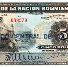 Bolivia 5 Bolivianos 1911 ( 1928 ) P-113 aUNC Seria 089579