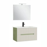 Set Mobilier Baie Leziter Trent 80 cm, Ceramica, Oglinda, 2 Sertare Soft-Close, Verde Alb, Suspendat