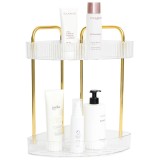Raft organizator elegant Pufo Luxury transparent de baie cu 2 nivele, cadru metalic auriu, pentru cosmetice, parfumuri, 38.5 x 25 cm