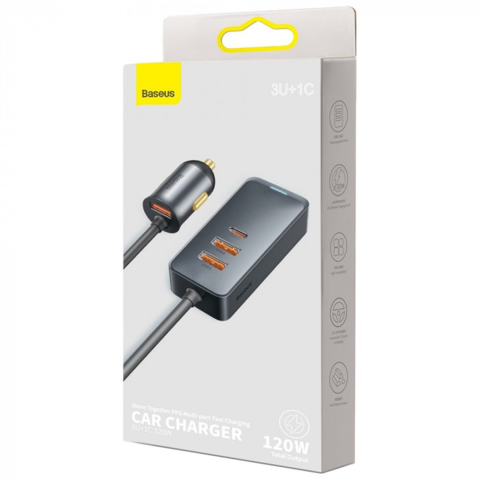 &Icirc;ncărcător Auto Baseus Share Together 3x USB / USB Tip C 120W PPS Quick Charge Power Delivery Gri CCBT-B0G