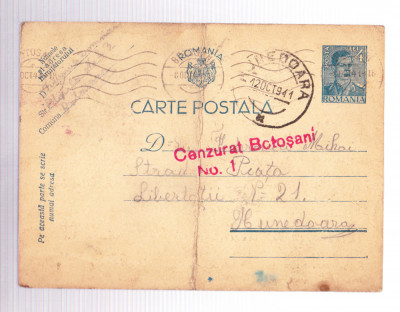 AMS# - CARTE POSTALA CENZURAT BOTOSANI - NR. 1, 1941 foto