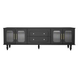 Mobilier TV Retro cu M&acirc;nere Aurii, Spațiu Generos de Depozitare, Ușă din Sticlă și Picioare din Lemn Masiv, 175x38x55,5 cm, Negru