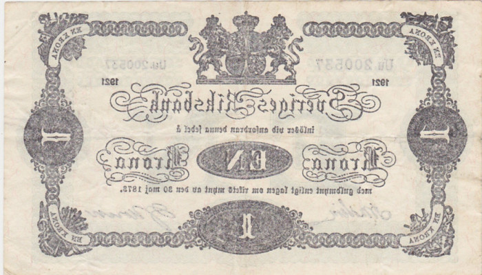 Suedia 1 krona coroana 1921 aVF
