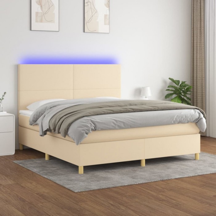 vidaXL Pat cu arcuri, saltea și LED, crem, 160x200 cm, textil 3135290