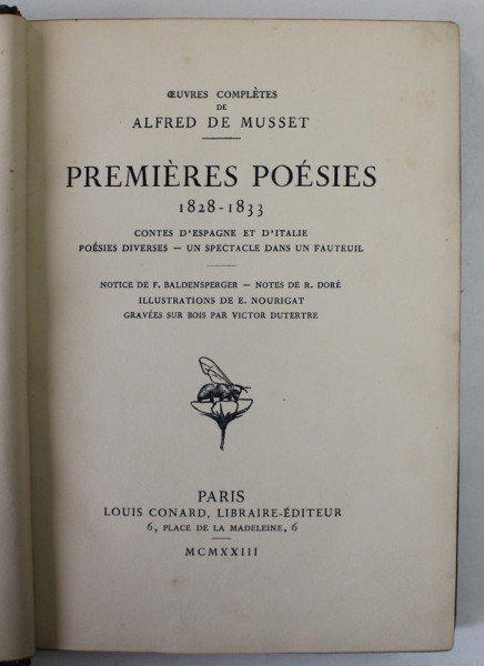 OEUVRE COMPLETES de ALFRED DE MUSSET , PREMIERE POESIES 1828 - 1833 , illustrations de E. NOURIGAT , 1922