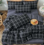 Lenjerie Pat Bumbac cu Elastic, 4 Piese, Gri/Negru, 140x200 cm (Single)