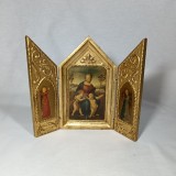 Iconita triptic Madona cu copii, foita aur, vintage