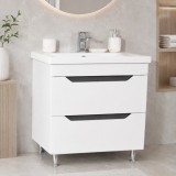 Baza si lavoar ceramic GN7561, mobilier baie stativ 80 cm, front MDF, 2 sertare, picioare cromate reglabile, alb antracit