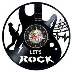 Ceas de perete decorativ realizat din disc de vinil, Model Chitara Electrica, Silueta Chitarist, Note Muzicale si Text Let&rsquo;s Rock, Negru, 30 cm