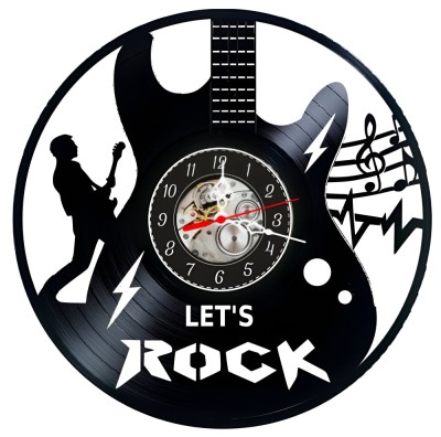 Ceas de perete decorativ realizat din disc de vinil, Model Chitara Electrica, Silueta Chitarist, Note Muzicale si Text Let&amp;rsquo;s Rock, Negru, 30 cm foto