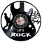 Ceas de perete decorativ realizat din disc de vinil, Model Chitara Electrica, Silueta Chitarist, Note Muzicale si Text Let&rsquo;s Rock, Negru, 30 cm
