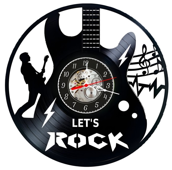 Ceas de perete decorativ realizat din disc de vinil, Model Chitara Electrica, Silueta Chitarist, Note Muzicale si Text Let&rsquo;s Rock, Negru, 30 cm