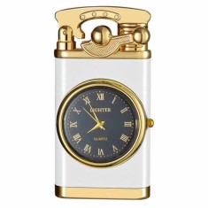 Bricheta Reincarcabila Mercaton, pe Gaz cu Flacara Alba Antivant si Ceas Reglabil Incorporat, 7.5 x 3.8 x 1.5 cm, Alb cu Auriu