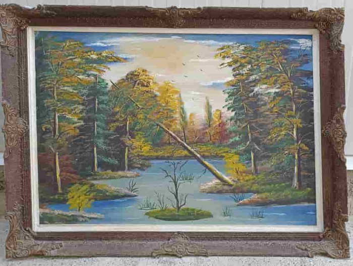 TABLOU VECHI IN ULEI, PEISAJ: LACUL DIN PADURE-243555