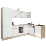 Mobilă de bucătărie de colț Yorki 280, corp din stejar sonoma, față alb satinat cu element inferior al cuptorului și dulap cu rafturi
