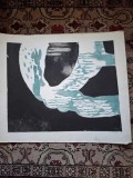 Fred Micos (1907-1995) Zbor, incizie profunda/carton, 59x70cm, coala,cu rama/sticla 61x72cm,vezi descriere