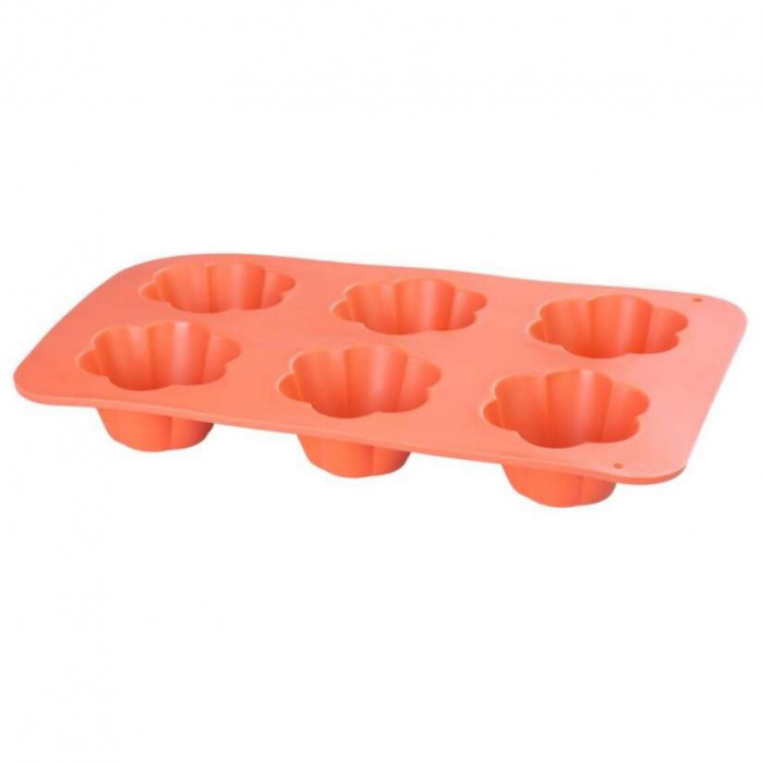 Forma coacere pentru briose, 6 forme, silicon, model flori, rosu, 28.6x17.2x3.5 cm, MagicHome