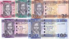 Bancnota Sudanul de Sud 5, 10, 20, 50,100 Pounds 2015-17 - P11-15 UNC (set x5) foto