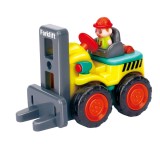 Cumpara ieftin Mini stivuitor pentru copii, galben cu gri antracit, 7 x 5.4 x 4 cm, vehicul de constructie, jucarie cu furci mobile, roti functionale, ambalaj PVC