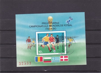 FOOTBAL PRELIMINARII ,BLOC NEDANTELAT, 1990 STAMPILAT,ROMANIA. foto