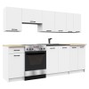 Set mobilier bucatarie Olivia 240 cm, alb, blat stejar sonoma, 7 corpuri