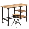 Birou Lemn Masiv Mango vidaXL 115x50x76cm Maro cu Scaun Pliabil, 2 Rafturi, Roti, Stil Industrial