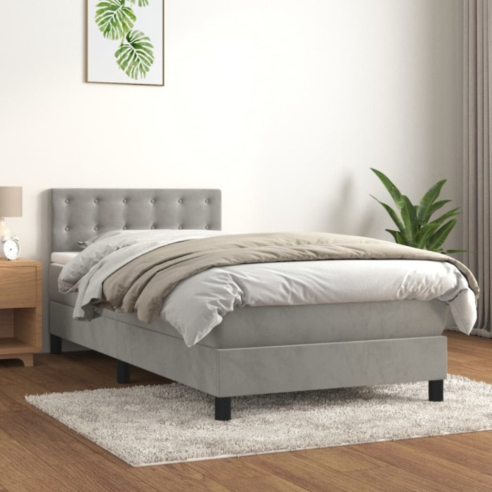 vidaXL Pat box spring cu saltea, gri deschis, 80x200 cm, catifea