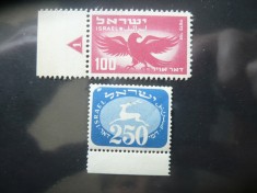 2 Timbre Israel 1950 si 1952 - Ajutor - Vultur 100pr si Caprioara 250pr
