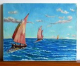 Barci cu vele - pictura originala marina in ulei pe panza, sasiu de lemn 45x35cm