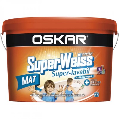Vopsea superlavabilă anti-mucegai Oskar Superweiss albă mat 8.5 L foto