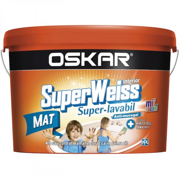 Vopsea superlavabilă anti-mucegai Oskar Superweiss albă mat 8.5 L