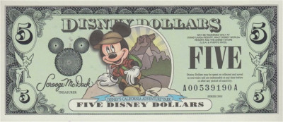 DISNEYLAND █ bancnota █ 5 Disney Dollars █ 2001 █ Mickey █ UNC █ necirculata foto