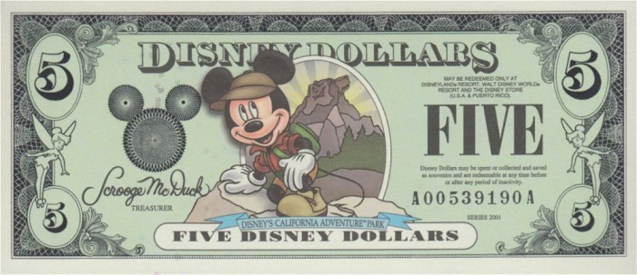 DISNEYLAND █ bancnota █ 5 Disney Dollars █ 2001 █ Mickey █ UNC █ necirculata