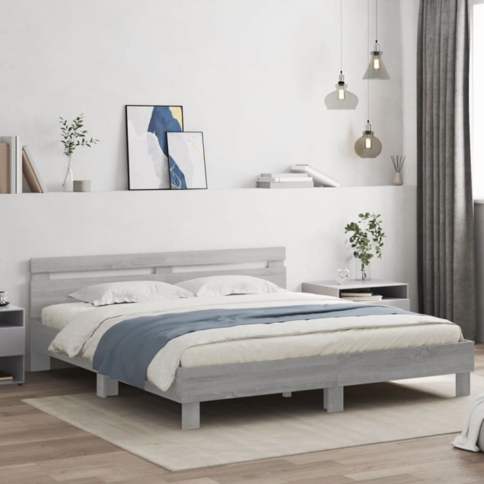 vidaXL Cadru de pat cu tăblie și LED, gri sonoma, 200x200 cm 3207523