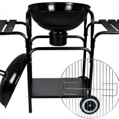 Gratar BBQ rotund cu capac, Kaminer, pe carbuni, cu roti, rafturi laterale, capac, 46.5 cm, negru