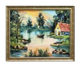 Cumpara ieftin Tablou peisaj apus de soare cu barca pictat manual inramat, Colt de rai, 55x45cm ulei pe panza, rama din lemn, Stefan Bilibou