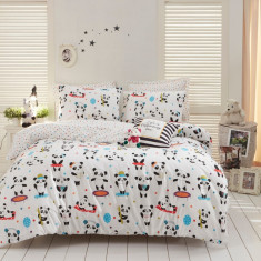 Lenjerie de pat dubla Love Pandas, EnLora Home, 4 piese, bumbac ranforce, multicolor