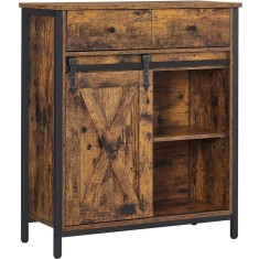VASAGLE Comoda pentru living sau bucatarie, cu 2 sertare si usa glisanta, rafturi reglabile, stil rustic, 30x70x80cm, maro si negru Household NewTrend